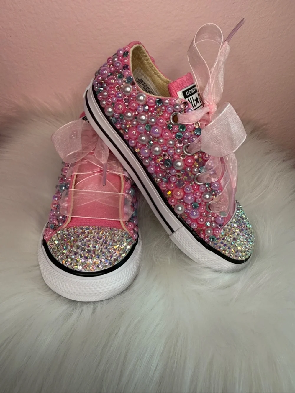 Unicorn Pearl & Rhinestone Bling Custom Converse Low Tops